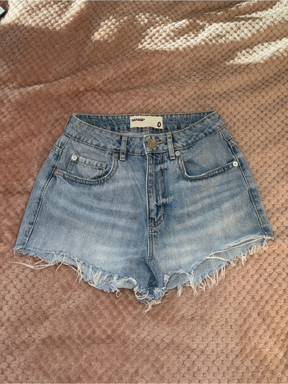 Garage Light Wash High-Rise Frayed Denim Shorts